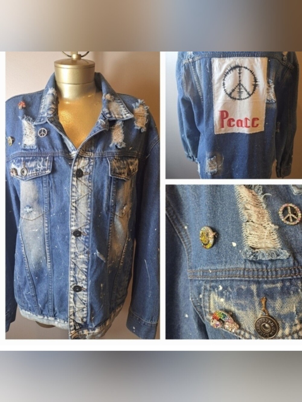 Rolling Paper Upscaled Statement Jean Jacket With Hand Painted Peace Sign Patch